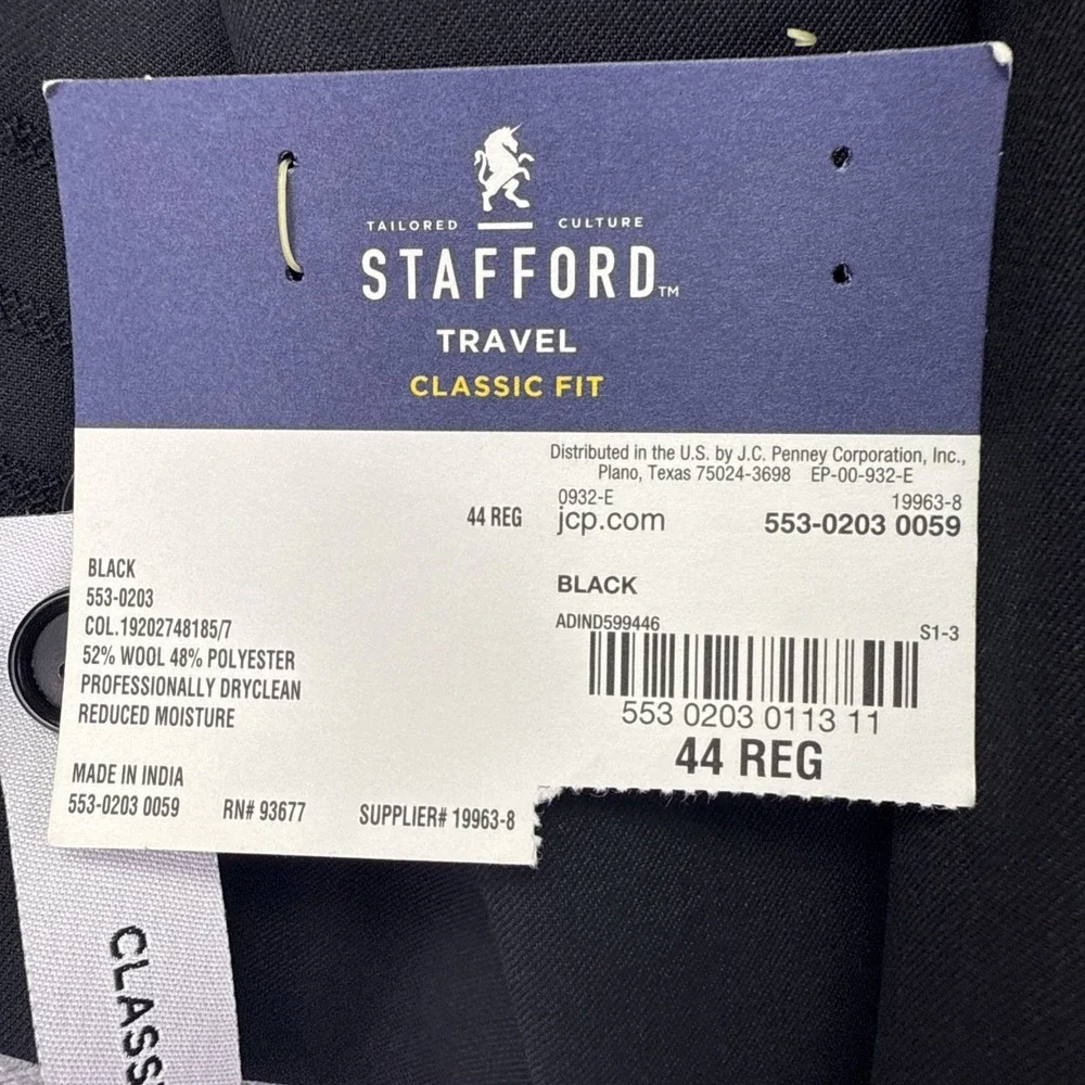 Stafford Men's Classic Fit 2-Button Black Travel Suit Jacket Size 44 Reg NEW